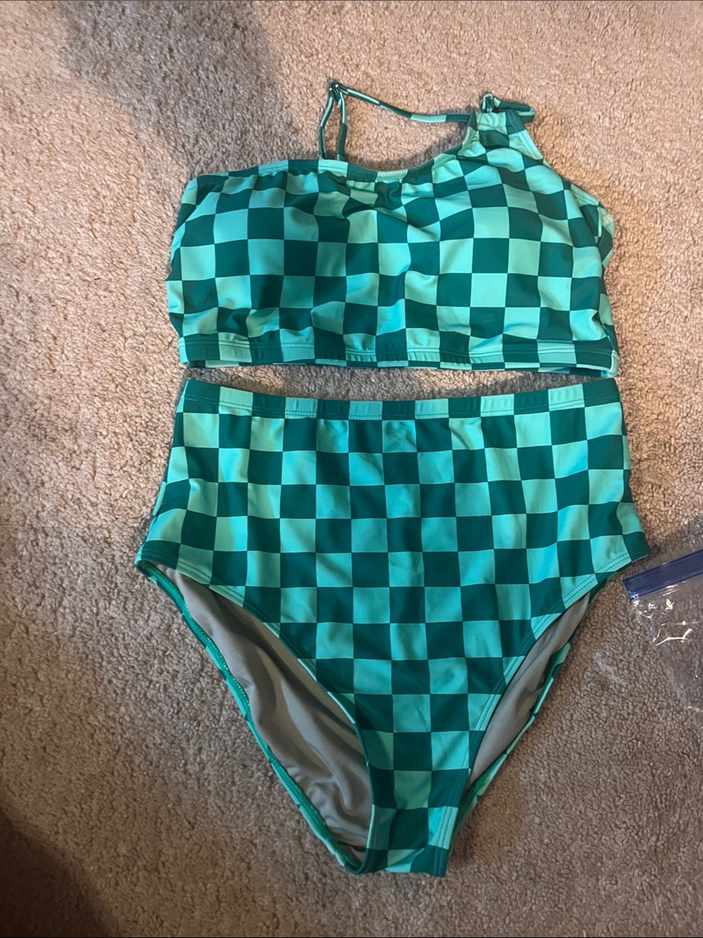 High-Waist Checkerboard Bikini Set in Teal Green NWOT